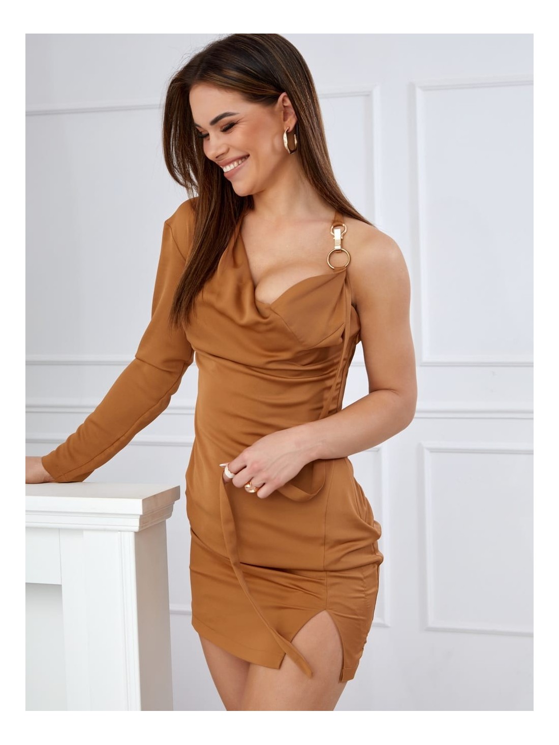 Elegant dress with an asymmetrical neckline, caramel 110534 - Online store - Boutique